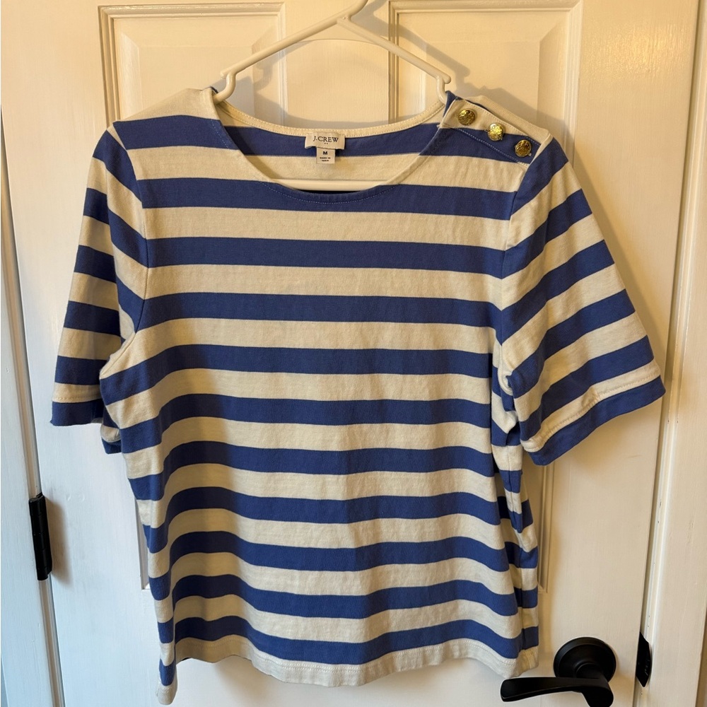 J. Crew Royal Blue and White Striped Shoulder-Button Top